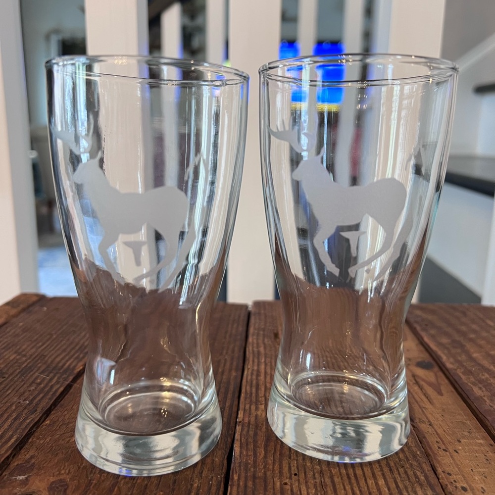 Pair of Etched White Tail Buck Pilsner Glasses